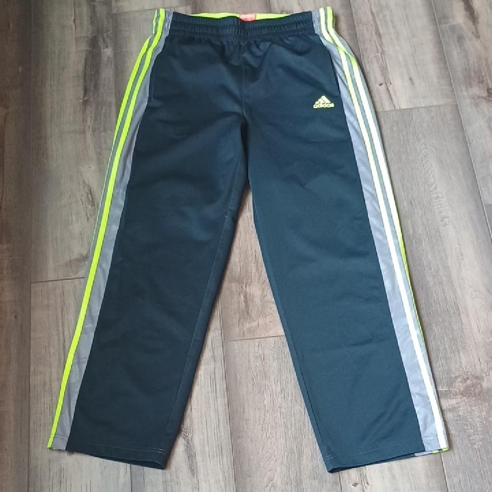Adidas Men's Navy Joggers with Neon Green and Gray Stripes Basketball
